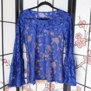 Elegant Royal Blue Lace Women's Bell Sleeve Top